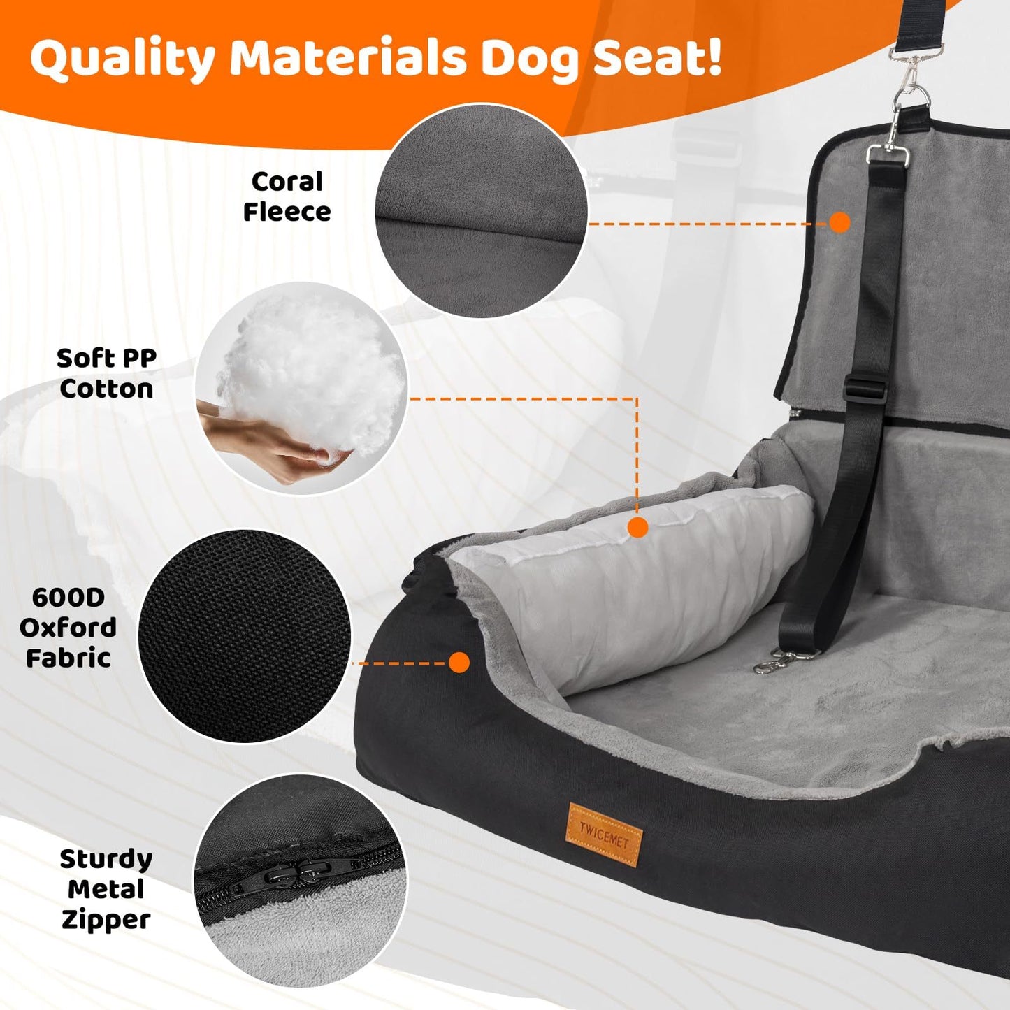 Coral Fleece Dog Booster Seat – Pet Travel Bed with Storage & Clip-On Leash for Large Dogs (70 lbs) or 2 Small/Medium Dogs