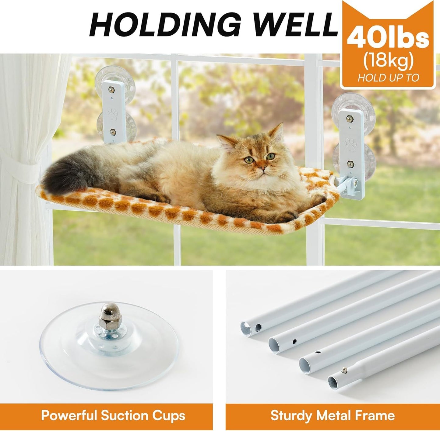 MEWOOFUN Cat Window Hammock – Steel Frame Perch with Strong Suction Cups, Brown, Medium