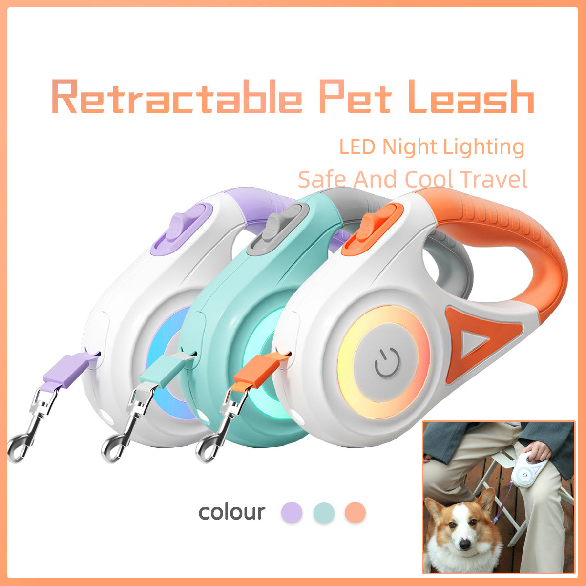 Retractable Dog Leash with Spotlight & Adjustable Collar | Auto Traction Rope for Small & Medium Dogs