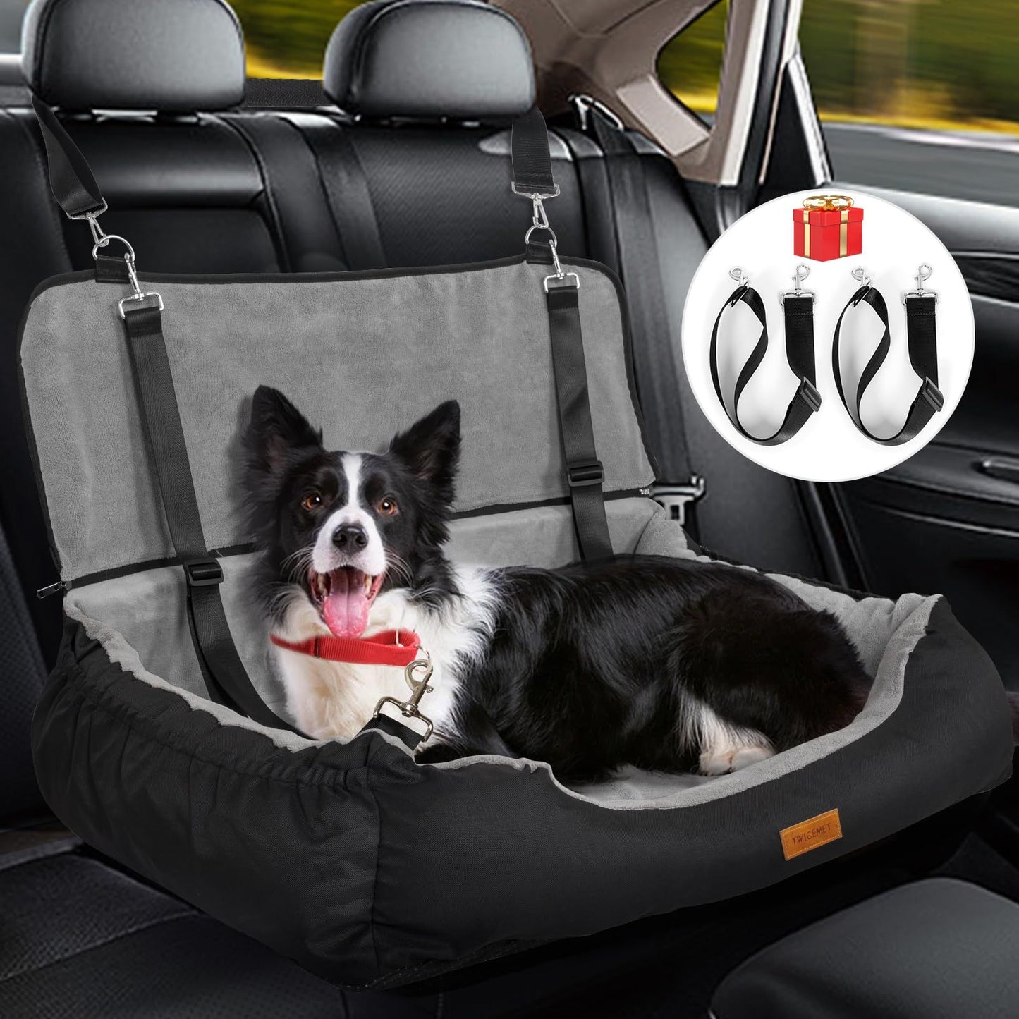 Coral Fleece Dog Booster Seat – Pet Travel Bed with Storage & Clip-On Leash for Large Dogs (70 lbs) or 2 Small/Medium Dogs
