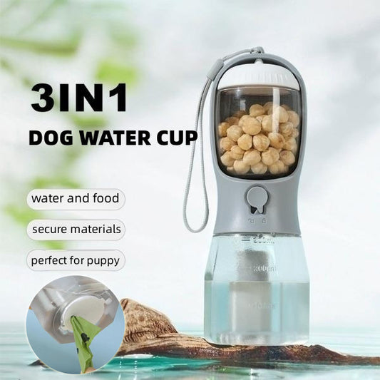 3-in-1 Dog Water Bottle with Food Container & Waste Bag Holder – Portable Pet Travel Cup