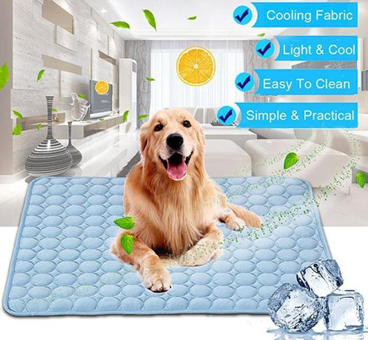 Dog lying on a cooling pad with features listed above
