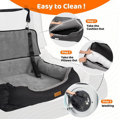 Coral Fleece Dog Booster Seat – Pet Travel Bed with Storage & Clip-On Leash for Large Dogs (70 lbs) or 2 Small/Medium Dogs