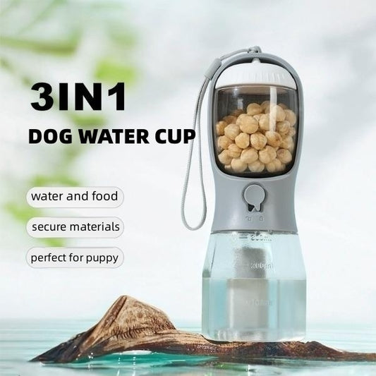 3-in-1 Dog Water Bottle with Food Container & Waste Bag Holder – Portable Pet Travel Cup